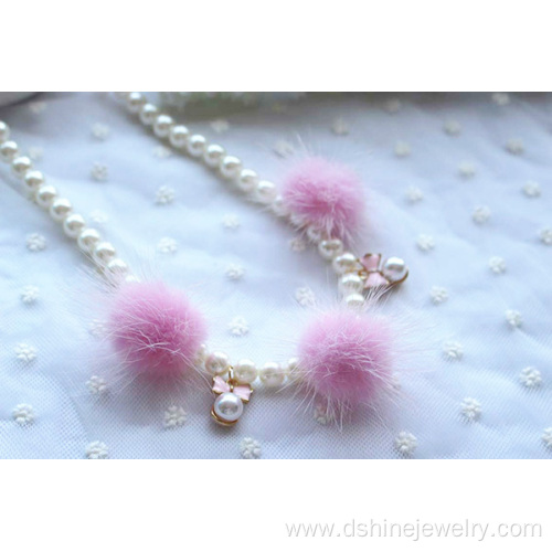 Cute Candy Color Pom Pom Pearl Ribbon Knot Necklace For kids